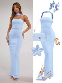 SHEIN BAE Damen einfarbiges plissiertes figurbetontes elegantes Maxi-Trägerkleid - Babyblau - Übersicht 7