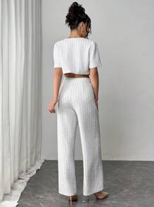 Firerie Elegant Women 2pcs Solid Color Textured Cropped Jacket & Pants Suit Sets/Suitable For Dates/Work/Vacation/ Holiday/Casual Wear/Summer Bohemian Style/Holiday/Festival/Music Festival/Derby Dress/Rodeo Outfit - White - View 2