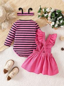 SHEIN Baby Girl Spring&Autumn Cute Style ,Interlocking Bobysuit &Bee Pattern Dress Give Headband - Hot Pink - View 2