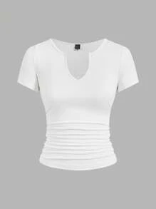 Muchica 3pcs Women Solid Color Short Sleeve Notch Neck Shirred T-Shirt Set - Chocolate Brown - View 7