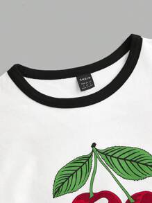 Muchica Women's Cherry Print Contrast Color Round Neck Short Sleeve T-Shirt