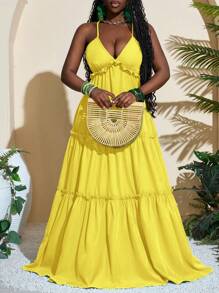 Slaydiva Boho Vacation Casual Backless Halter Dress - Yellow - View 4