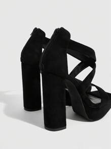 Cuccoo CUCCOO LuxiPop Women's Fashion Black Suede-Like Straps Combo Rear Zipper Convenient Slip-On, Stable Thick Platform Chunky High Heel Sandals, Suitable For Commute, Date, Party, Holiday, Music Festival, Wedding