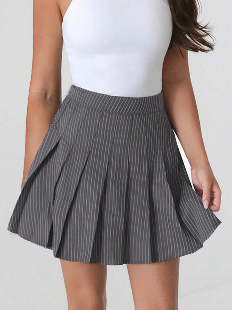 Roylia Woven Stripe Suit Fabric Fitted Pleated Elegant Sexy Commuter Casual Y2K Preppy Skirt/Shorts For Women, Spring/Summer/Autumn - Grey - View 1