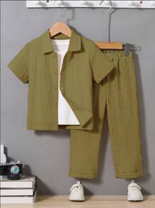 SHEIN 2pcs Toddler Boy Solid Color Short Sleeve Single-Breasted Shirt & Pants Casual Outfit Set - Army Green - View 8