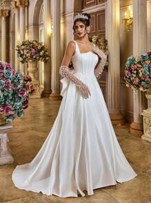 Glamrae 优雅浪漫不对称领口细肩带 V 型腰线褶皱超喇叭裙 U 型后背系带超大蝴蝶结装饰背部设计婚礼新娘礼服