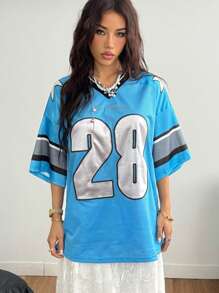 SHEIN EZwear T-shirt de football avec graphiques numérotés pour femmes - Bleu azur - Voir 4