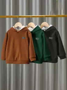 SHEIN 3pcs Young Boys' Casual Letter Applique Thermal Lined Solid Color Hooded Sweatshirts Chic Autumn/Winter - Green - View 3