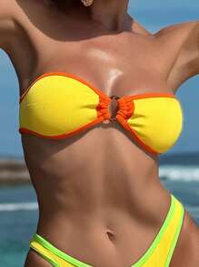 SHEIN 2pcs Women Ribbed Fabric Contrast Color Patchwork Bandeau Bikini Top And High-Cut Triangle Bottom Swimming Suit For Summer Beach Vacation - Multicolor - View 3