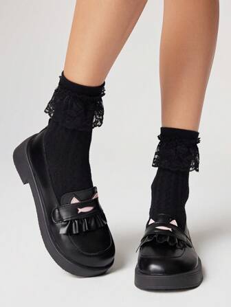 Kawaii Tacones altos cerrados de mujer en color negro tipo Mary Jane, mocasines con borlas de tipo slip-on, zapatos cuña plataforma rosados con diseño de gato Lolita