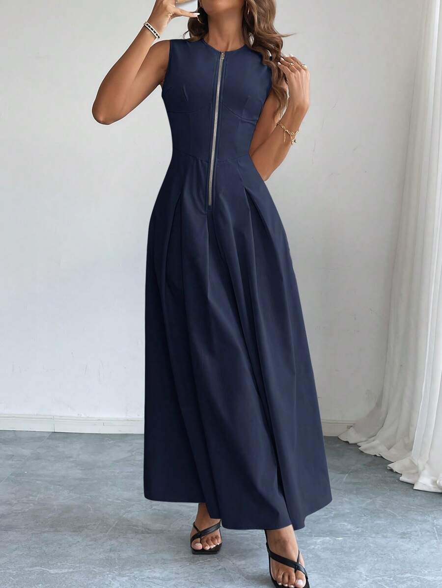 Firerie Women's Elegant Commuter Round Neck Sleeveless Front Zipper Dress,Business Casual Woman - Navy Blue - View 1
