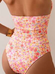 SHEIN Swim 女士碎花褶饰V领两件套休闲细肩带泳衣 - 彩色 - 查看 3