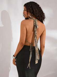 Opulessa 女士性感动物图案印花露背系带衬衫，夏季 - 棕色 - 查看 2