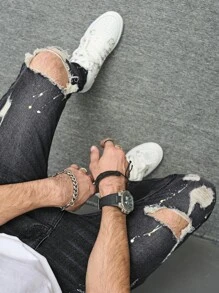 Manfinity LEGND Men's Pocket Ripped Skinny Casual Versatile Black Jeans - Black - View 8