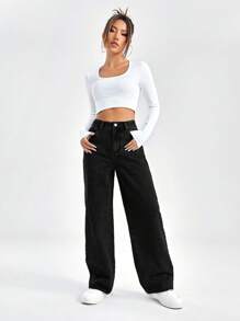 EURMUSE 100%Cotton High Waist Wide Leg Jeans - Black - View 4