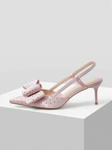 MOTF PREMIUM RHINESTONE BOW ACCENT SWEET STYLE FASHION VERSATILE POINTED TOE SLINGBACK STILETTO HEEL WOMEN SANDALS - Pink - View 1