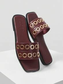 MOTF PREMIUM FLAT SANDALS, SQUARE TOE SLIP-ON SANDALS - Burgundy - View 4