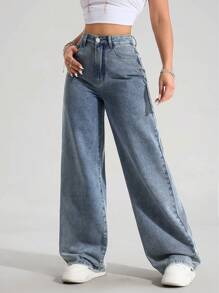 Jeanoix Casual High Waist Loose Flare Washed Denim Jeans Y2k