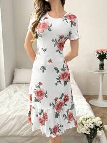 夏季休闲罗纹花卉印花短袖睡袍 - 彩色 - 查看 5