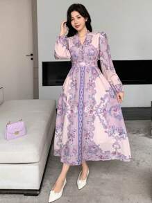 DAZY Vestido elegante midi con mangas abullonadas y abotonado para mujeres con estampado floral