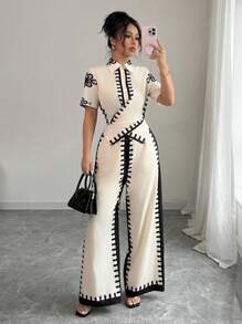 Chiquease Nuovi pantaloni casual da donna, con colletto, allacciatura incrociata, vita elastica, stampa, con gamba ampia