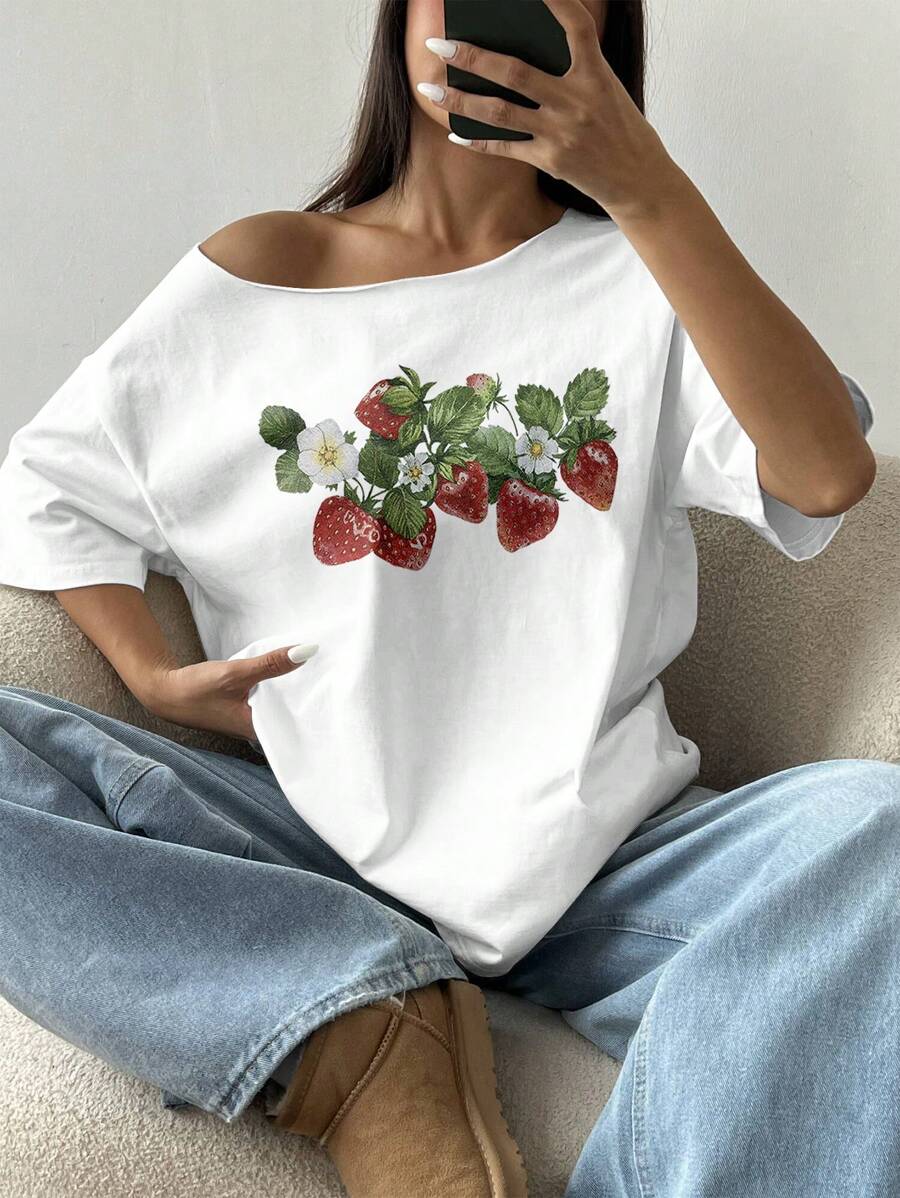 Flirla Women Loose Strawberry Print Strapless Short Sleeve Oversized T-Shirt, Summer