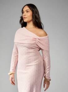 MISSGUIDED PLUS Plus Size Off-Shoulder Textured Knit Bardot Maxi Dress Elegant Long Sleeve Winter Formal Wedding Guest Party Occasion Fall Holiday Special Events - Baby Pink - View 6