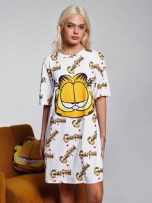GARFIELD | SHEIN Váy ngủ cổ tròn tay ngắn in chữ và mèo dễ thương cho nữ mùa hè, áo phông in hình mèo dễ thương - Màu vàng - Xem 4
