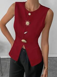 SHEIN Essnce 女士时尚无袖金属扣背心 - 紅色 - 查看 4