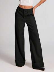 SHEIN BAE Women's Light Apricot Solid Color Twill Woven Button Pocket Simple Low Waist Long Pants, Suitable For Commuting, Casual, Fashion Outings, Vintage Style, Office Wear, Winter Women Pants, Wide Leg Pants, Casual Pants