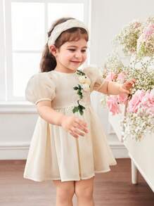 Vestido corto de manga corta con estampado floral de organza color albaricoque, elegante y lindo para bebé niña en verano