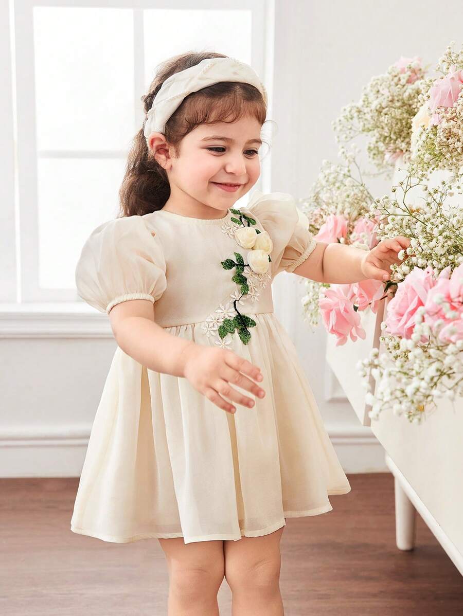 Vestido corto de manga corta con estampado floral de organza color albaricoque, elegante y lindo para bebé niña en verano