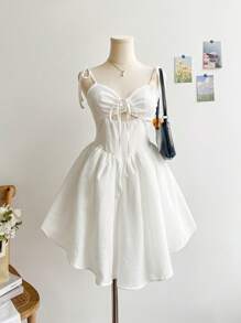 Soleia Vacation Casual Solid Color Hollow Out Spaghetti Strap Mini Dress - White - View 4