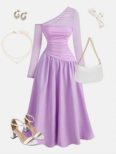 Girlism 少女紫色不对称褶皱长袖连衣裙，华丽柔和的连衣裙