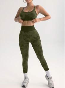 Gameset SHEIN Sport Women's Pattern Back Crossover Tank Top And Leggings Sportswear Set - Army Green - View 4