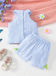 SHEIN Vintaside Kids 女婴可爱刺绣花卉和格子无袖上衣和裤子 2 件套，春夏 - 藍色 - 查看 2