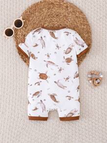 Pelele de manga corta con cremallera frontal y estampado de tortuga, con puños y piernas de contraste para bebés niños, mono casual