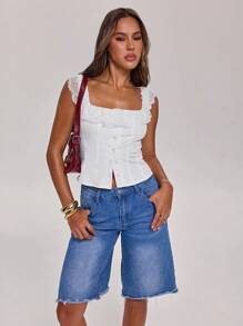 SHEIN BAE Women's Spring Summer Romantic Vacation Bohemian White Lace Ruffle Collar Single Breasted Fashion Shirt Tops,Western Wear Women,Rave Festival - White - View 6