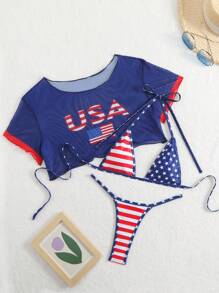 Swim SXY 3pcs Beach Outfit For Women, Multi-Color Contrast Trim USA Flag Print Triangle Halter Sexy Bikini Set With Sleeveless Round Neck Cover-Up, 4th Of July For Summer Beach Vacation