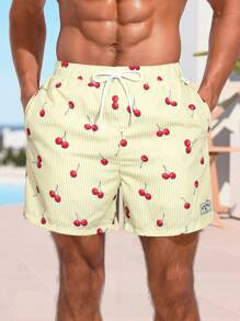 Surfspeed 男式抽绳腰樱桃条纹印花口袋沙滩短裤 - 米色 - 查看 3