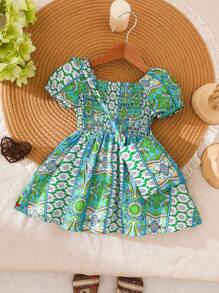 SHEIN Baby Mädchen Vintage Lässig Kleid mit Tasche, Sommer neue Mode - Grün - Übersicht 1