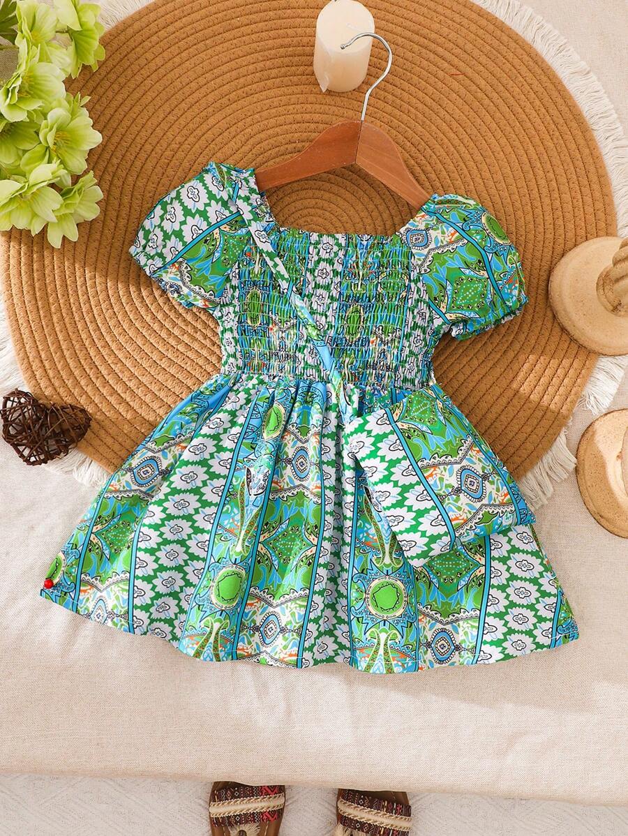 SHEIN Baby Mädchen Vintage Lässig Kleid mit Tasche, Sommer neue Mode - Grün - Übersicht 1