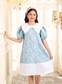 Vestido de colegiala elegante con cuello, plisado y parche con estampado floral jacquard - Blanco - Ver 3