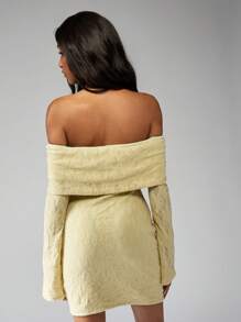 MISSGUIDED Off Shoulder Bardot Mini Dress Lace Textured Elegant Ruched Long Bell Sleeve Party Evening Special Occasion Spring Summer - Yellow - View 2