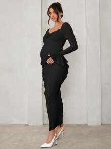 MaterniChic Elegant Floral Embellished Long Sleeve Pink Dress, Suitable For Casual Dates, Events, And Parties, Maternity Dress For Valentine's Day, Baby Showers