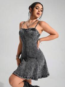SHEIN EZwear Women's Casual Denim Camisole Dress With Pleated Hem - Grey - View 5