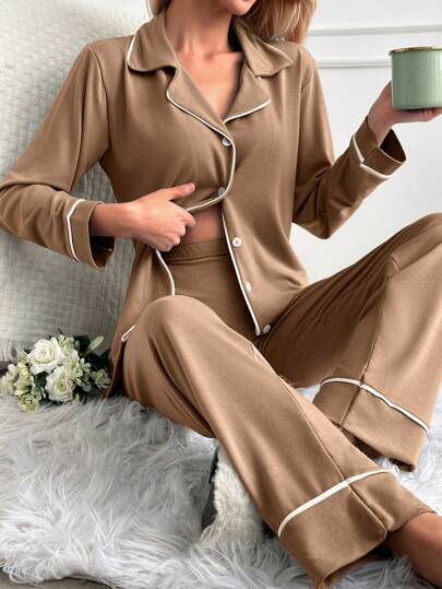 SHEIN Tall TALL SIZE 100%Cotton Women Binding Detail Homewear Pajama Set