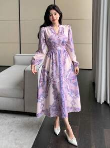 DAZY Vestido elegante midi con mangas abullonadas y abotonado para mujeres con estampado floral