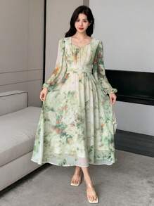 DAZY Vestido elegante de dama de media pantorrilla con estampado floral, cuello en V y mangas farol, vestido largo de manga larga para vacaciones, vestido de otoño para mujeres en Pascua - Verde - Ver 3