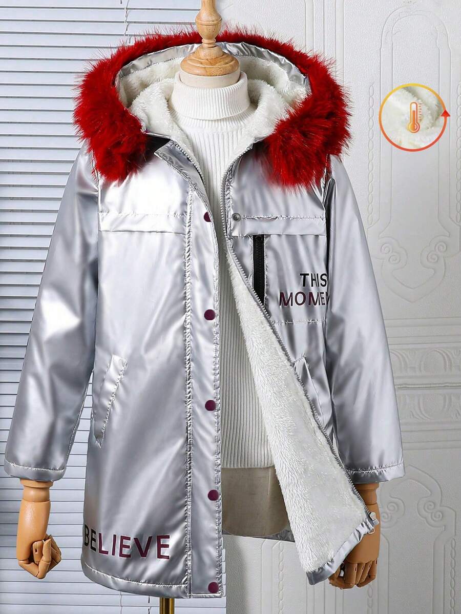Tween Girl Metallic-Look Fluffy Collar Hooded Jacket, Winter - Silver - View 1